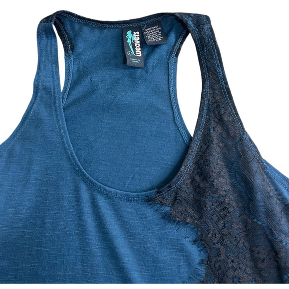Weavers Dark Teal Black Lace Tank Top Sz Large Whimsy Goth Tee Sleeveless Blouse - Picture 4 of 7